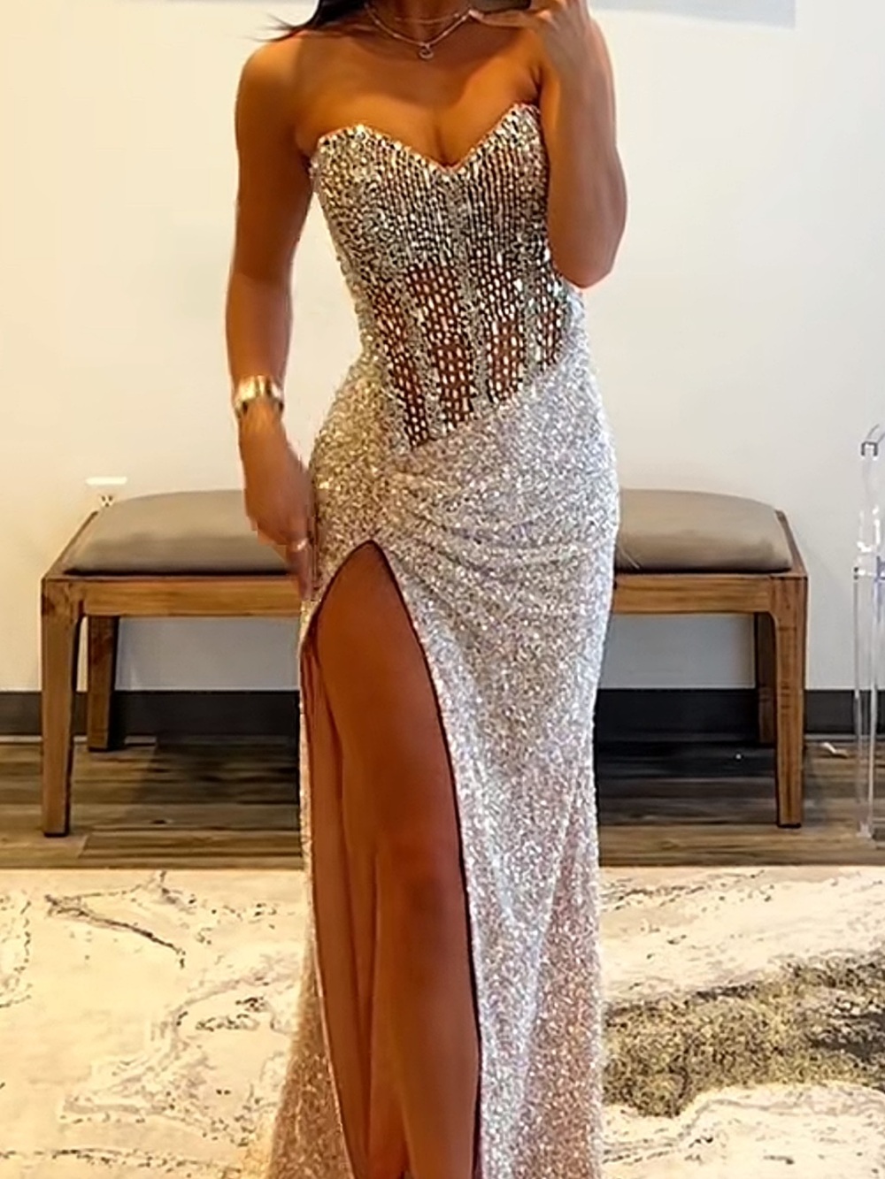 Portia & Scarlett PS2485 Silver Nude Strapless Sequined White Prom Evening Dress